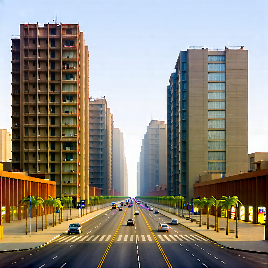 Urban Digital Art: Urban Street With (modern:1.2) Architecture With Large City