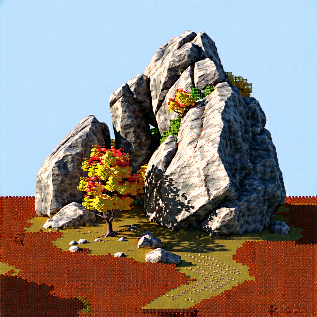 Nature Low Poly: Rock Formation In Autumn Colors With Large Rock