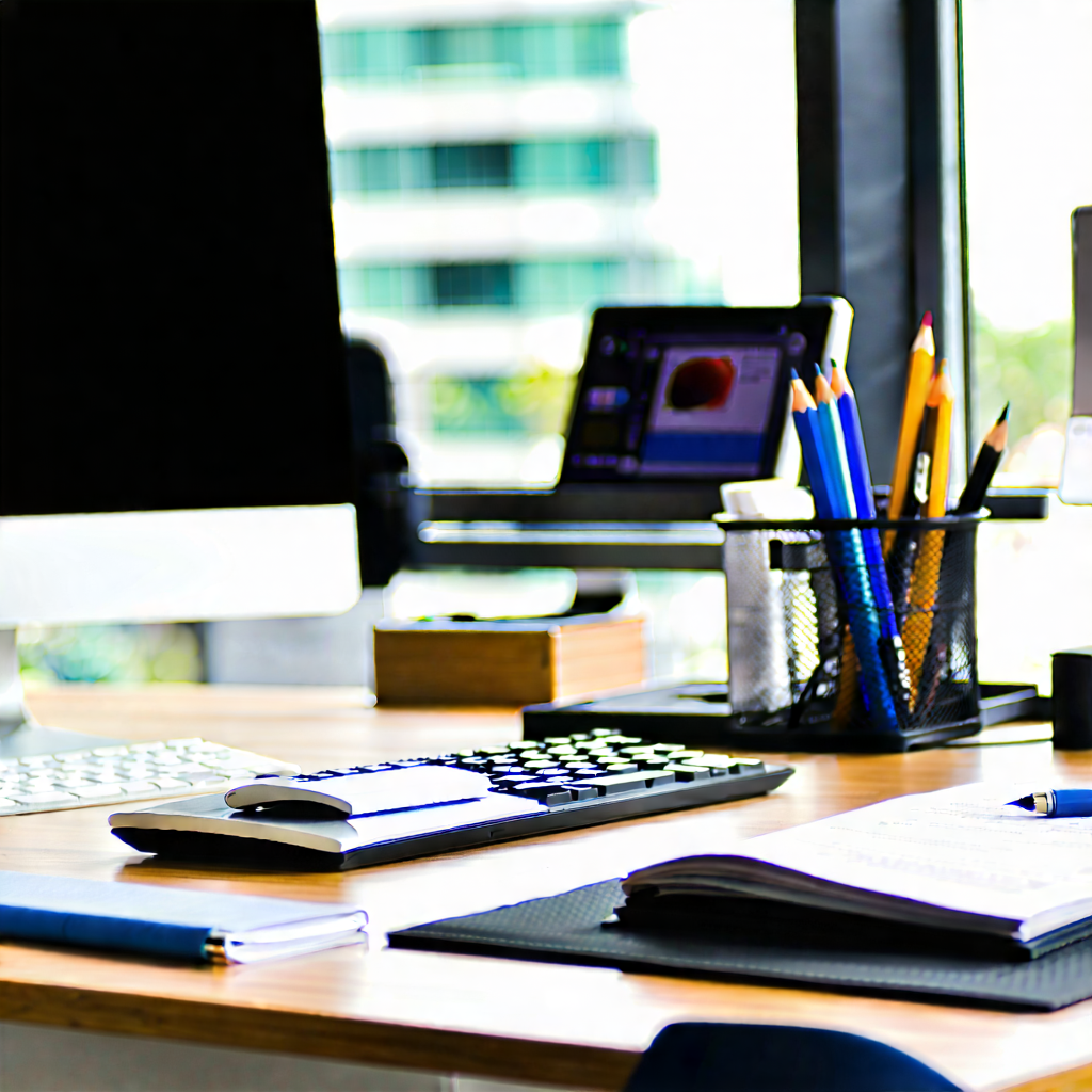 Business Professional Photography: Workplace with modern office supplies on desk