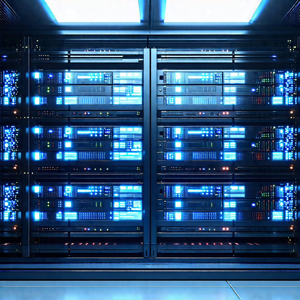 Tech Infographic Style: Server rack with (digital:1.1) particles