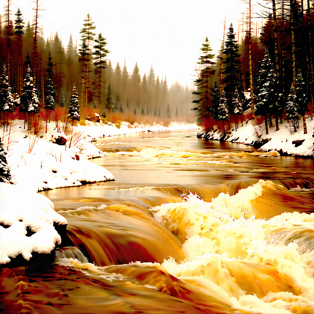 Nature Digital Illustration: Rushing River Surrounded By Snow-covered (trees:1.17) With River Flowing