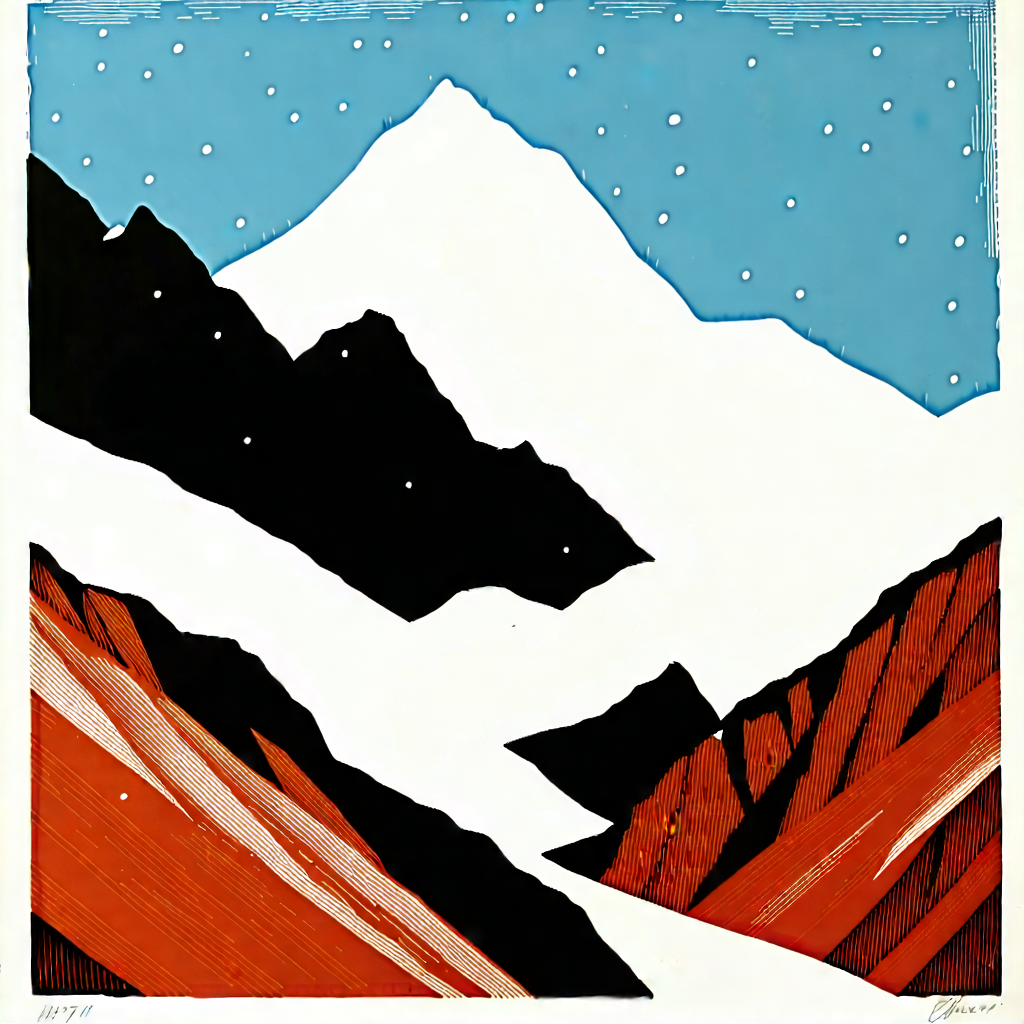 Nature Linocut Print: Glacier In Winter (snow:1.29) With Large Mountain