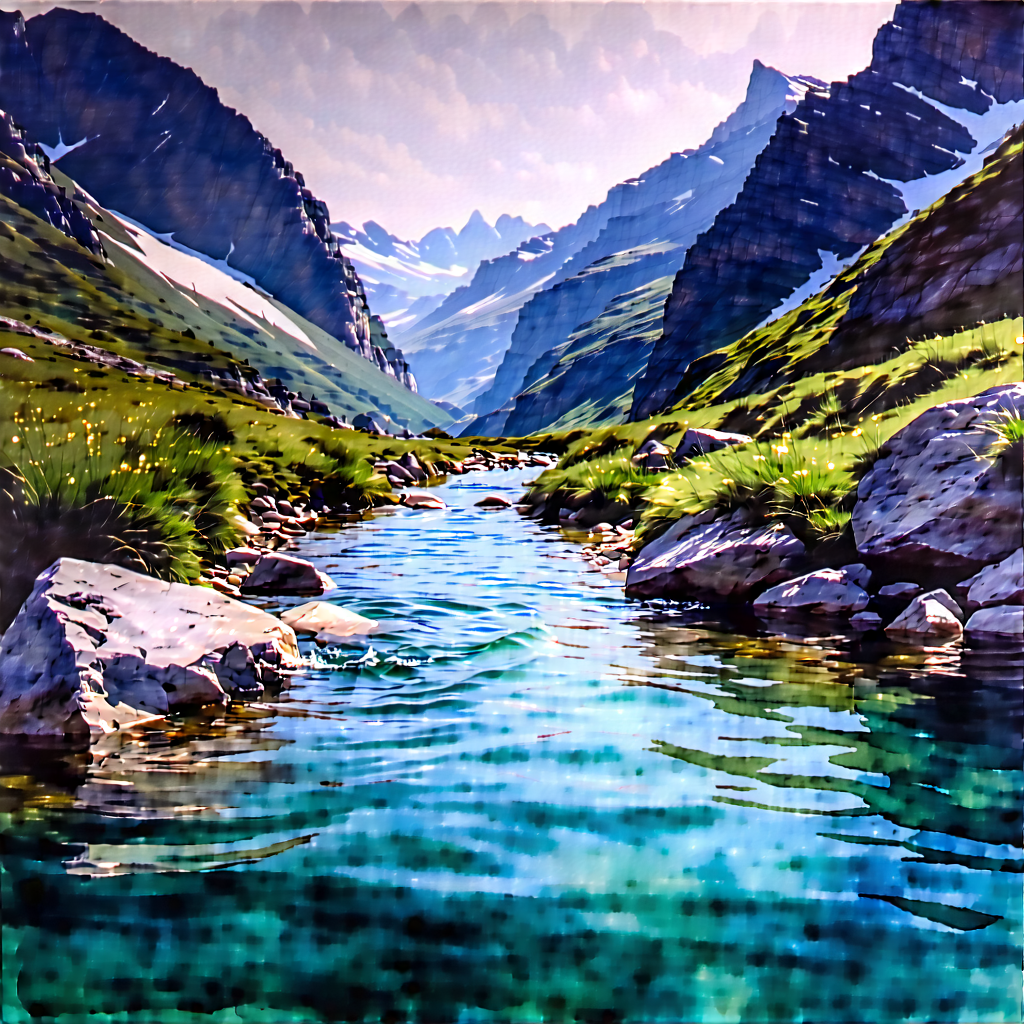 Lifestyle Watercolor Painting: Swimming In Mountain Trail With Beautiful Mountain
