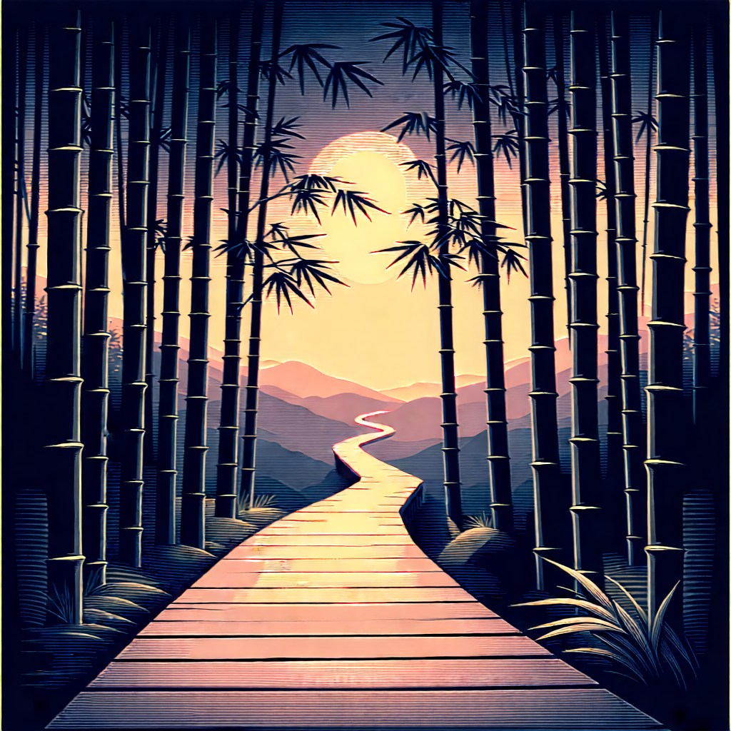 Nature Linocut Print: Path Through Bamboo Grove With Painting Pathway