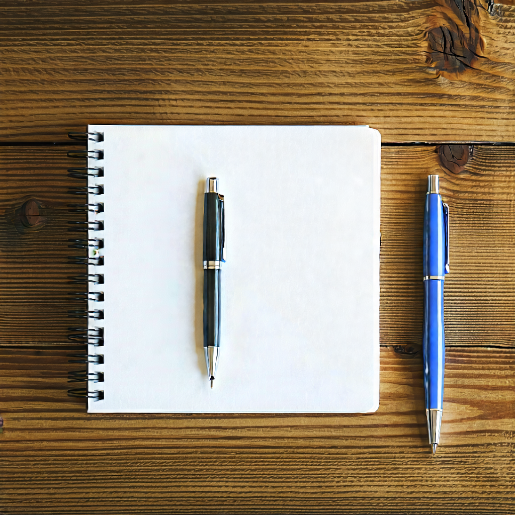 Business Etching: Workplace With Notebooks And Pens On Desk With Wooden Table