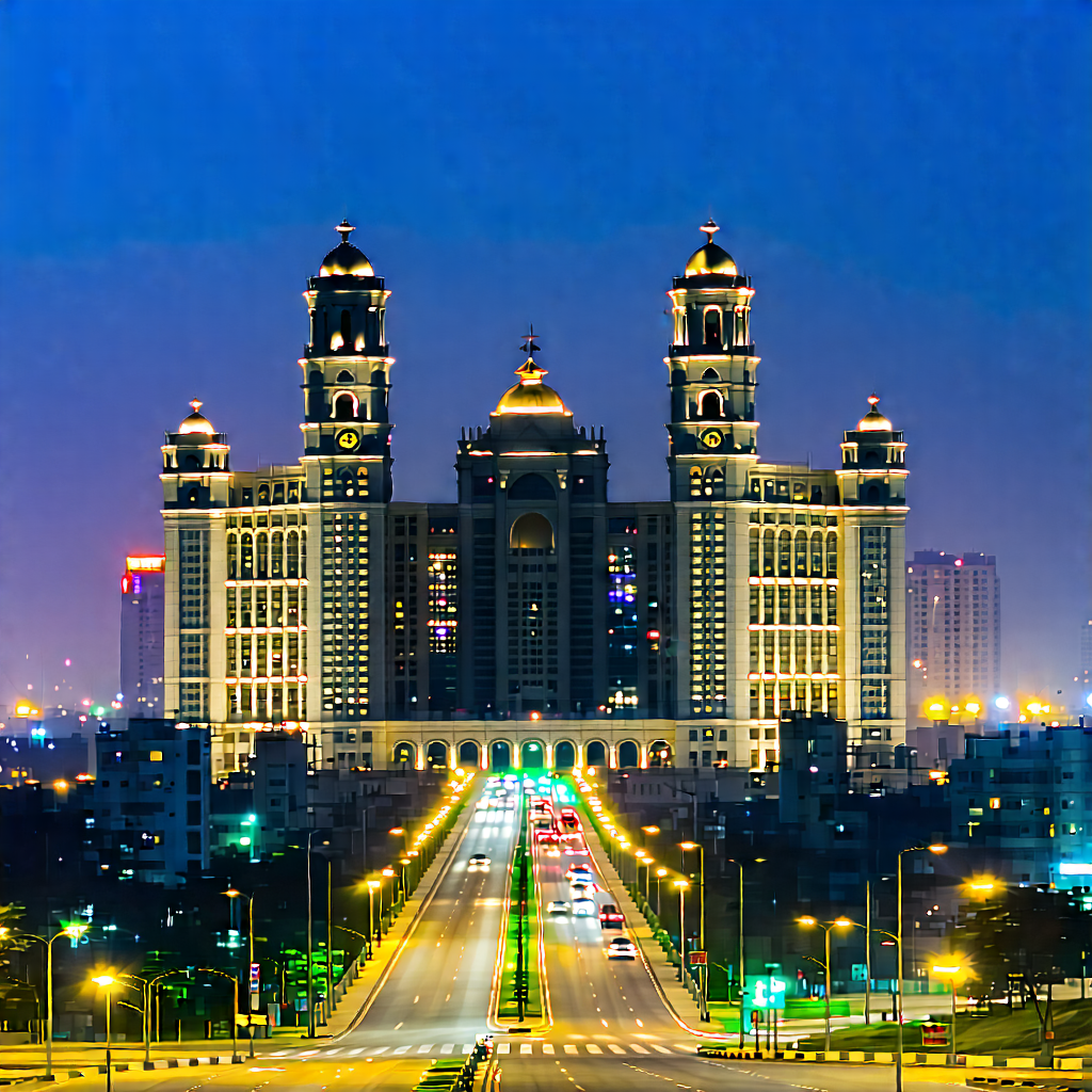 Urban Professional Photography: Famous Building With (city:1.44) Lights With Large, Ornate