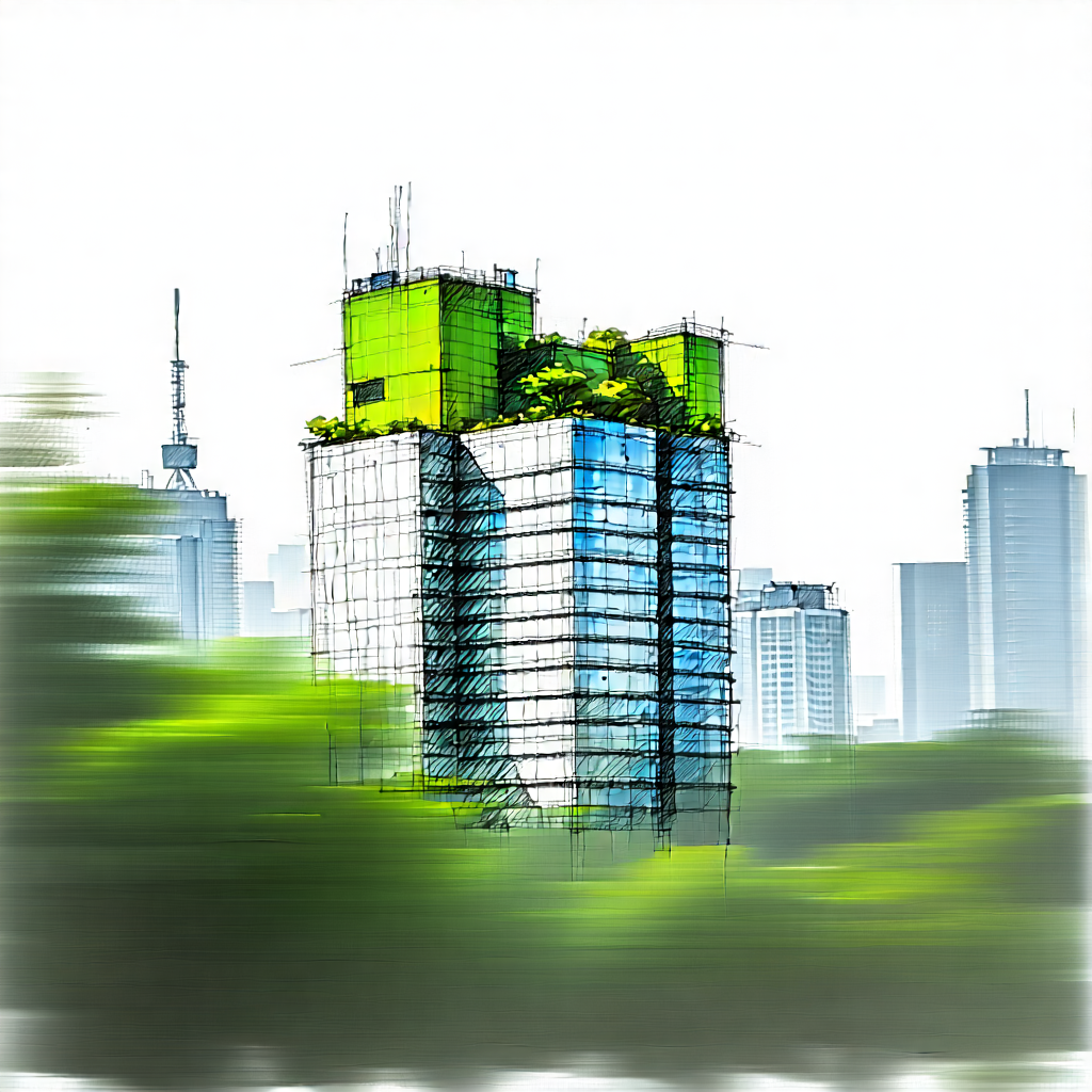Urban Pencil Sketch: Skyscraper With Green Rooftop With Large Green