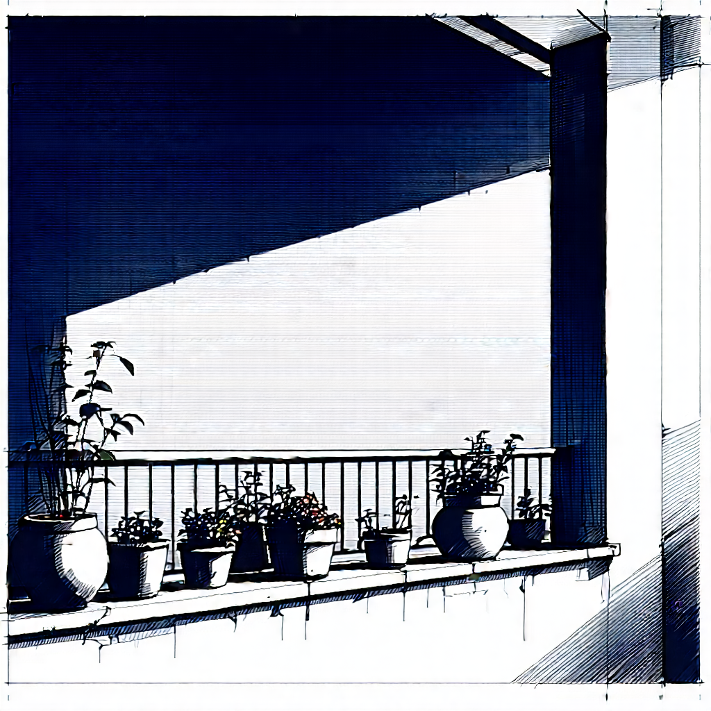 Lifestyle Ink Drawing: Balcony Garden With Warm Lighting With Black White