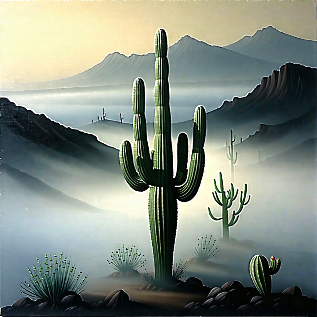 Nature Oil Painting: Cactus In Misty Environment With Image, There