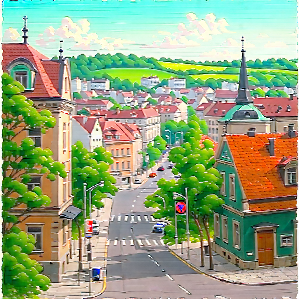 Urban Pastel Drawing: Cityscape Of Small Town During Midday With Cartoon-like Drawing
