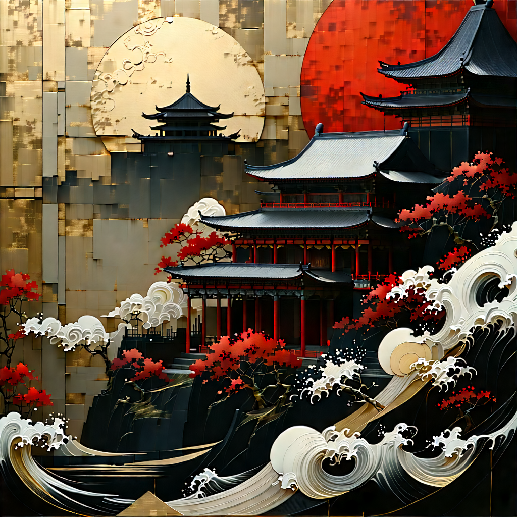 Abstract Ukiyo-e Style: Macro View Of Material Interaction With Beautifully Painted