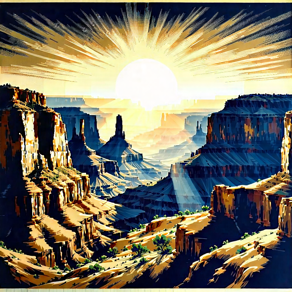 Nature Ink Drawing: Canyon During Sunrise With Painting Sunset