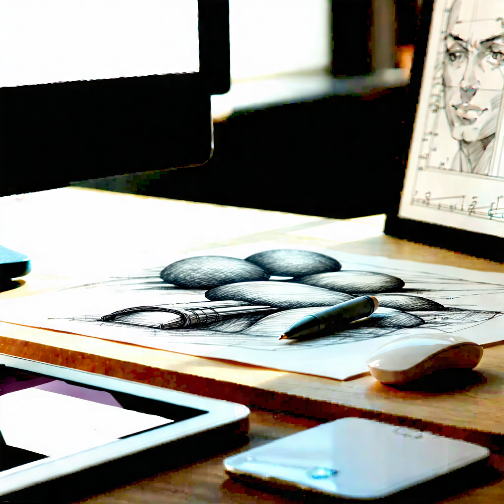 Business Etching: Workplace with digital devices on desk