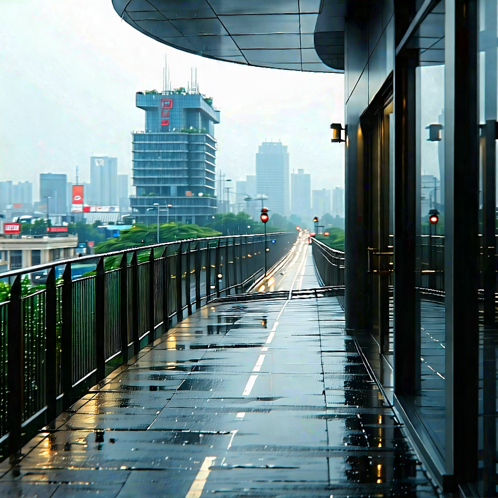 Urban Tilt-shift Photography: Observation Deck With Rain-slicked Streets With Rainy City,