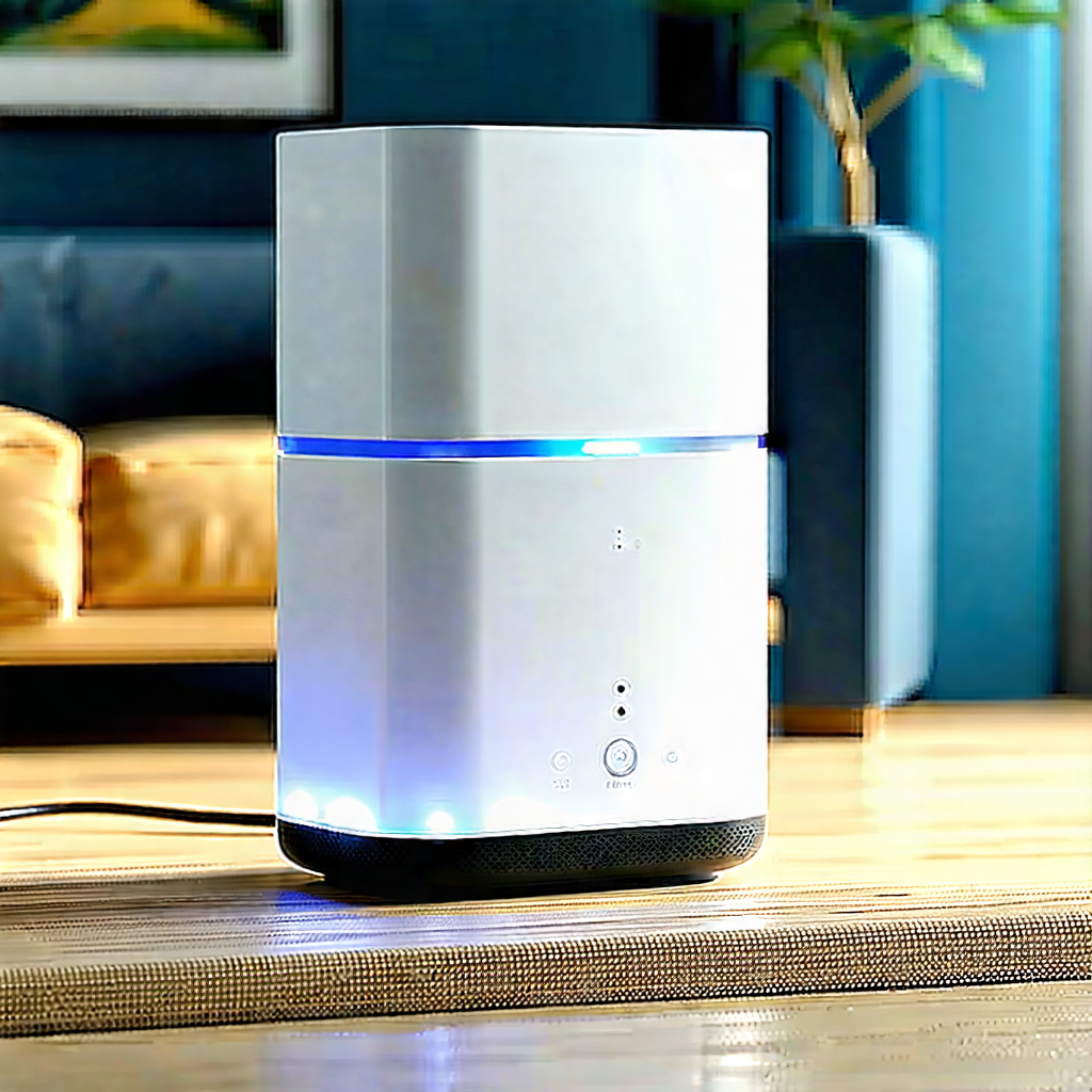 Tech Editorial Photography: Smart Home Device With User Interface With White Speaker