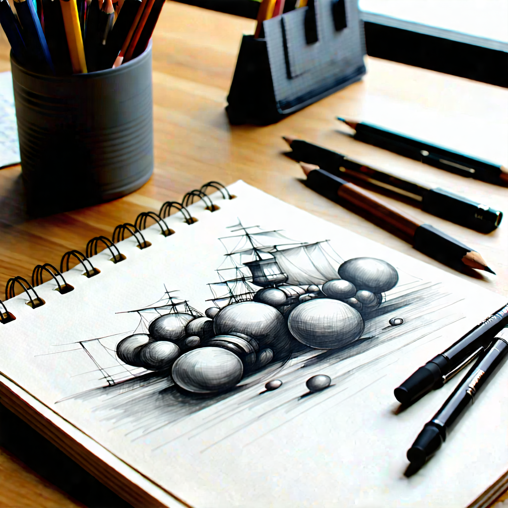 Business Ink Drawing: Workplace With Notebooks And Pens On Desk With Wooden Desk