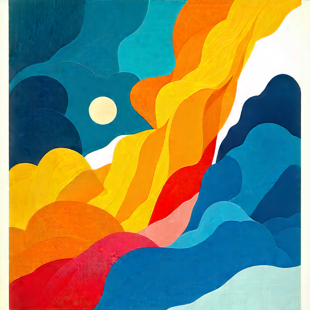 Abstract Linocut Print: Fluid Abstract With Complementary Color Palette With Colorful Painting