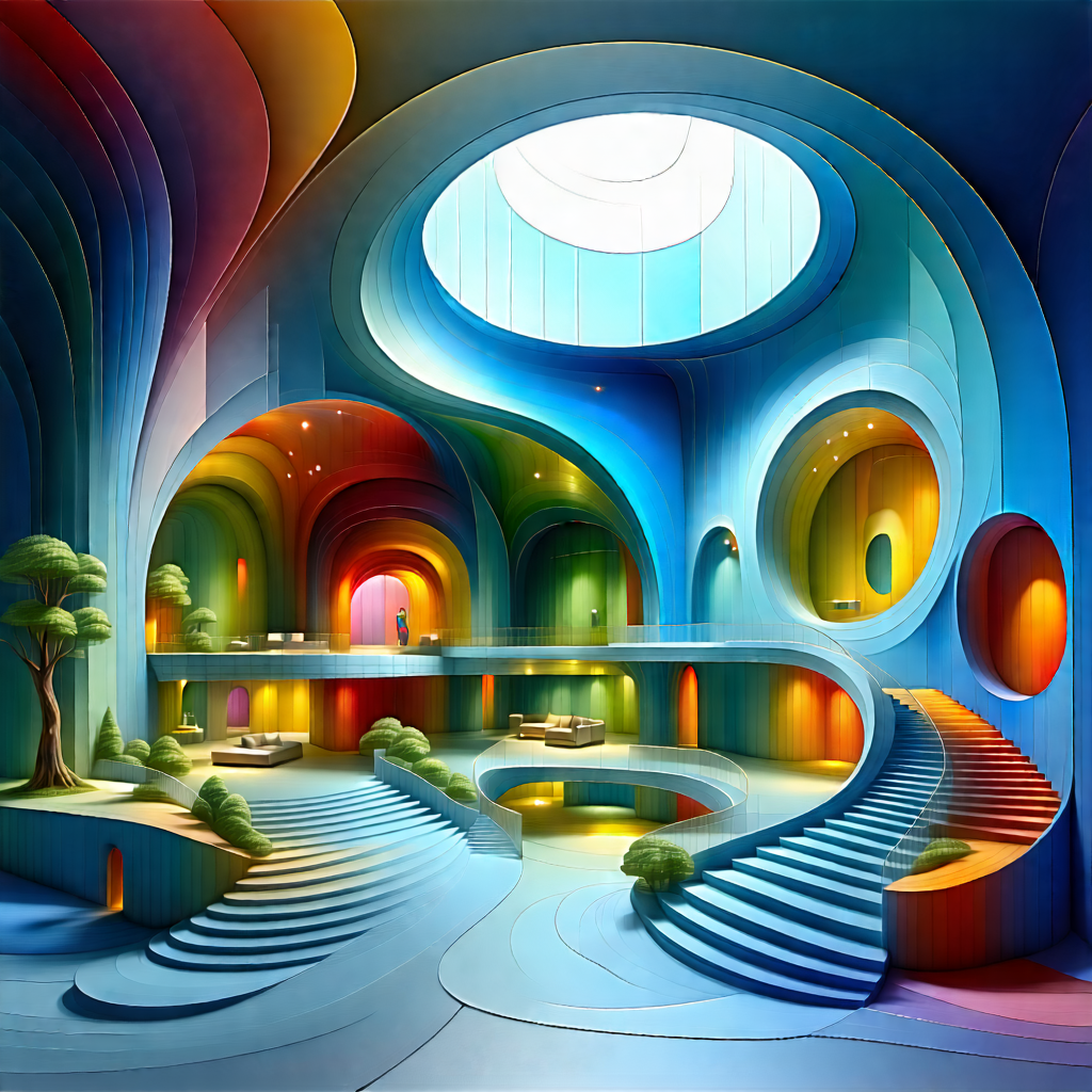 Tech Acrylic Painting: Futuristic Innovation Hub With Colorful, Three-dimensional