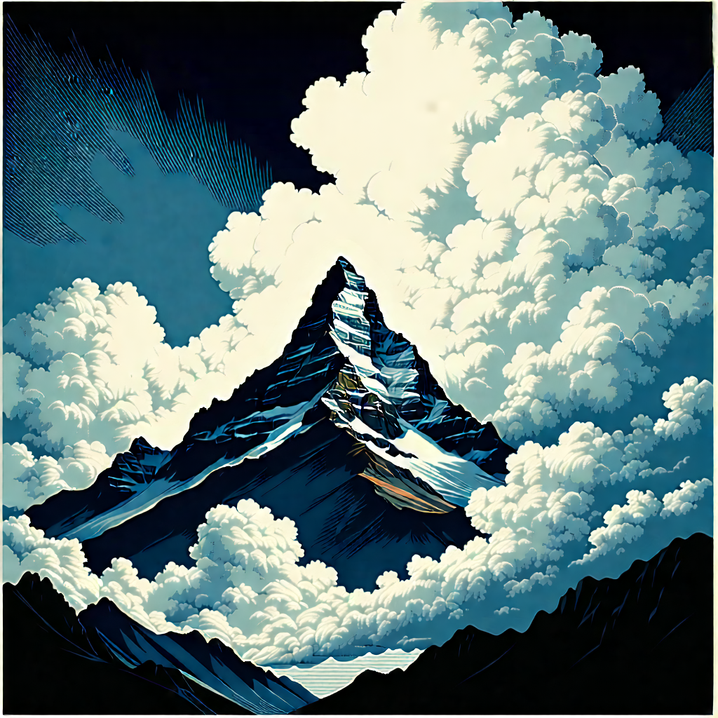 Nature Linocut Print: (dramatic:1.47) Clouds Over (mountain:1.43) Peak With Black White