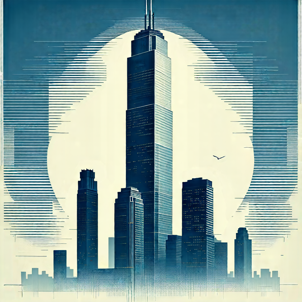 Urban Woodcut Print: Skyscraper With Minimalist Design With Blue White