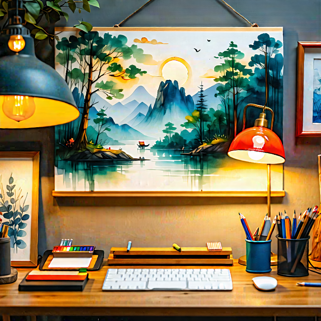 Lifestyle Watercolor Painting: Home Office With Warm Lighting With Wooden Desk