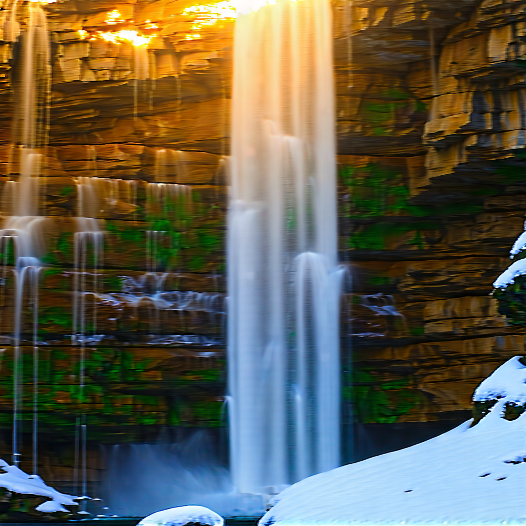 Nature Hdr Photography: Waterfall In Winter Snow With Beautiful Waterfall