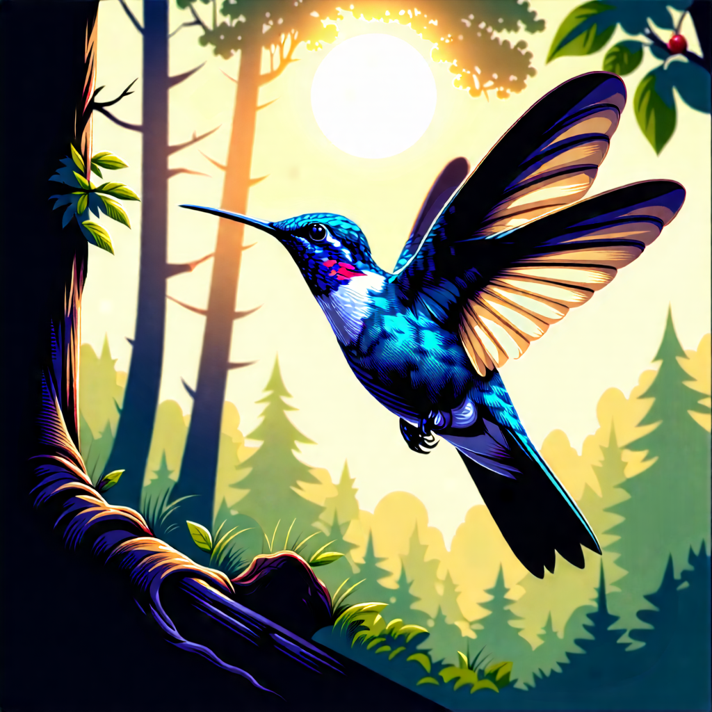 Nature Woodcut Print: Hummingbird In Forest Environment With Colorful Bird