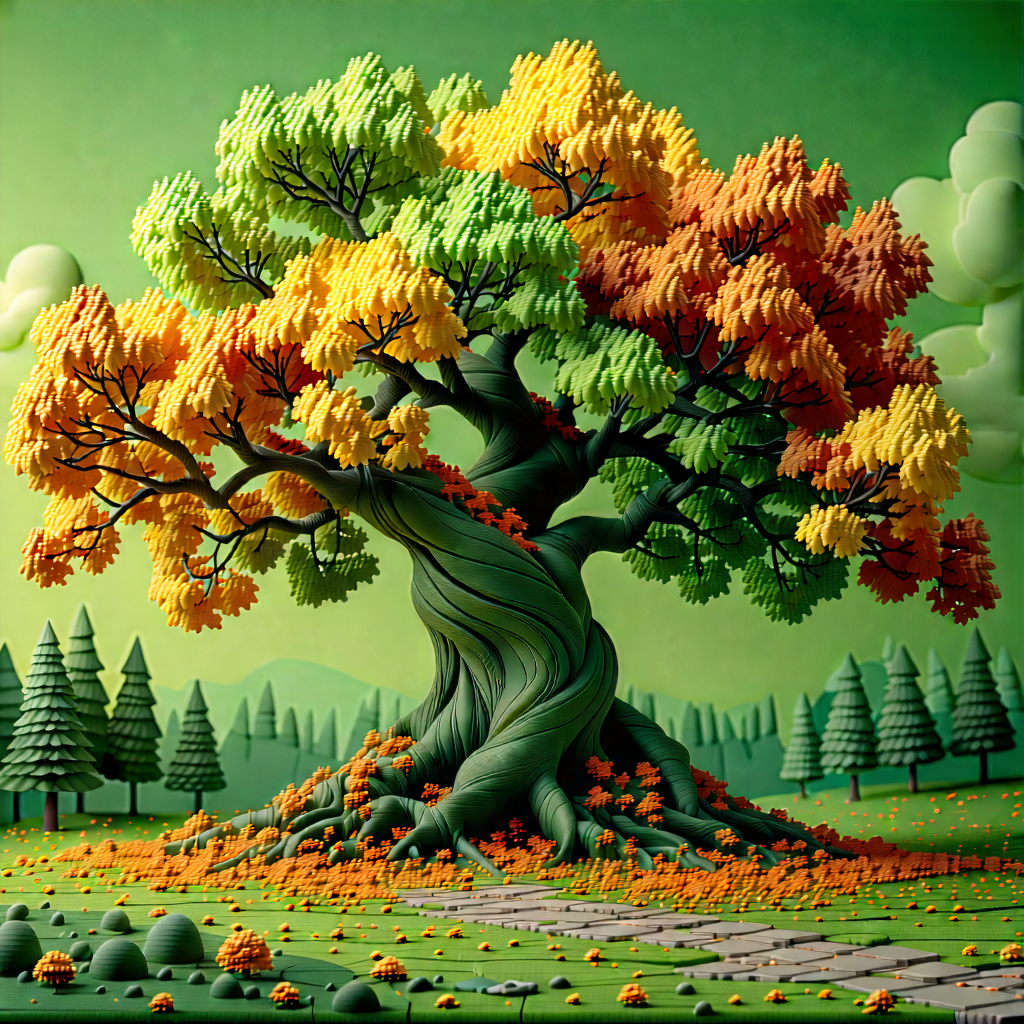 Nature Blueprint Style: Ancient Tree In Autumn Colors With Large, Colorful