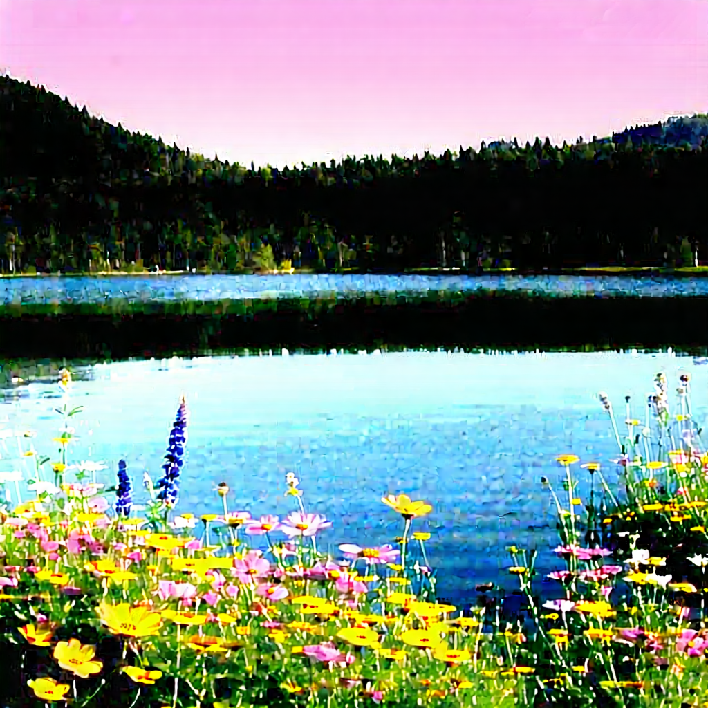 Nature Digital Illustration: Crystal Clear (lake:1.21) Surrounded By Wildflowers With Serene Lake