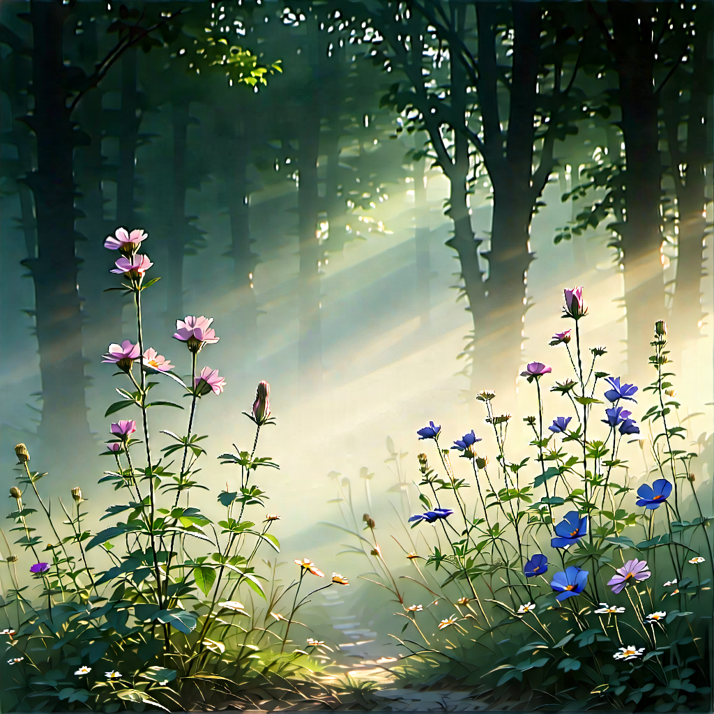 Nature Woodcut Print: Wildflowers In Misty Environment With Image, There