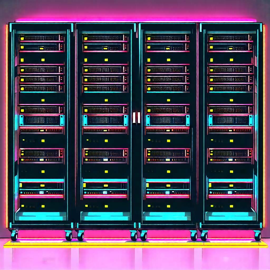 Tech Ink Drawing: Server Rack With Neon Accents With Large Group