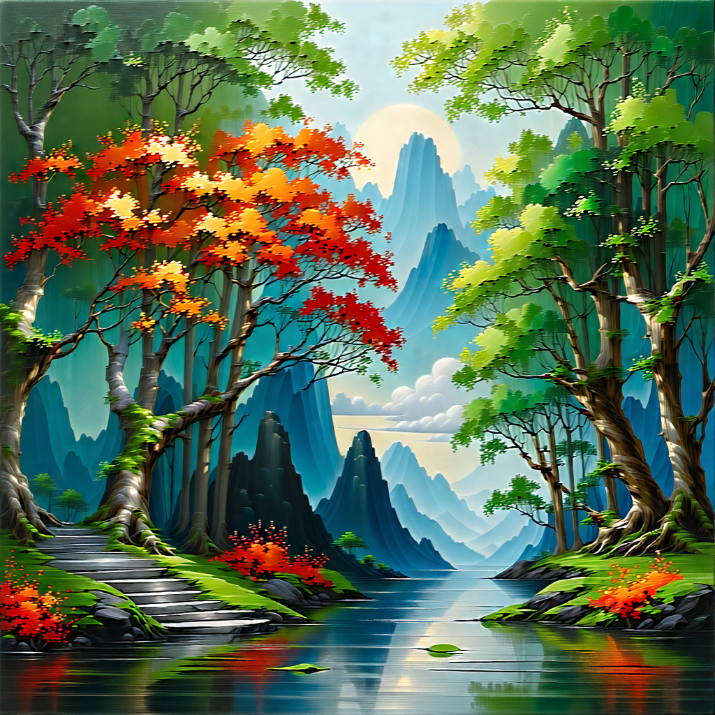 Tech Acrylic Painting: Digital Transformation Visualization With Beautiful Landscape