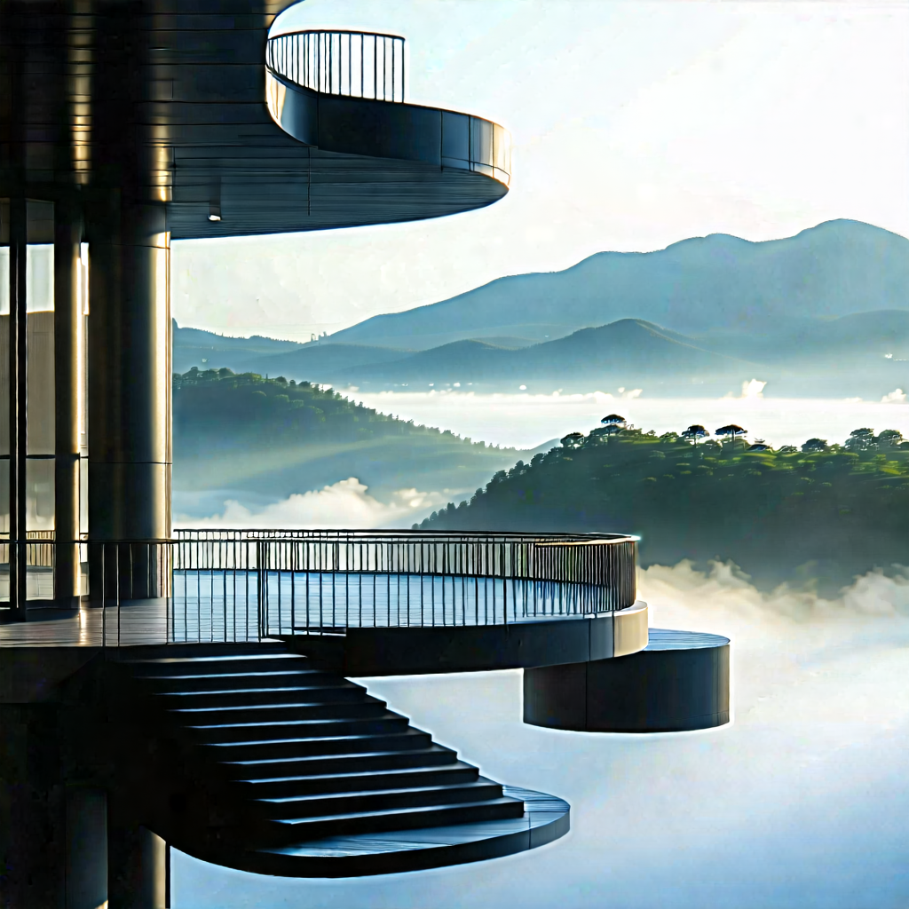 Urban Technical Illustration: Observation Deck With Morning (mist:1.29) With Large Building