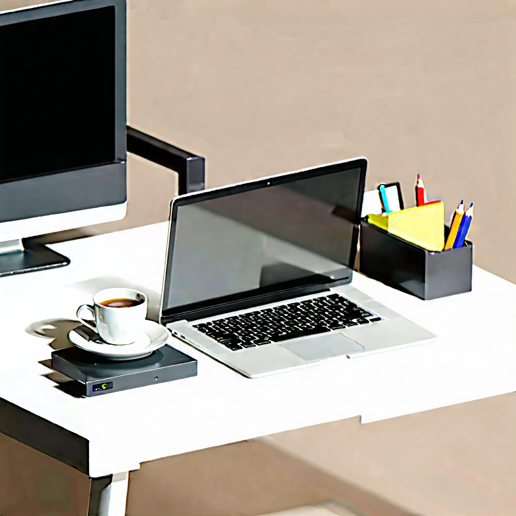 Business Isometric Design: Workplace with laptop and coffee on desk