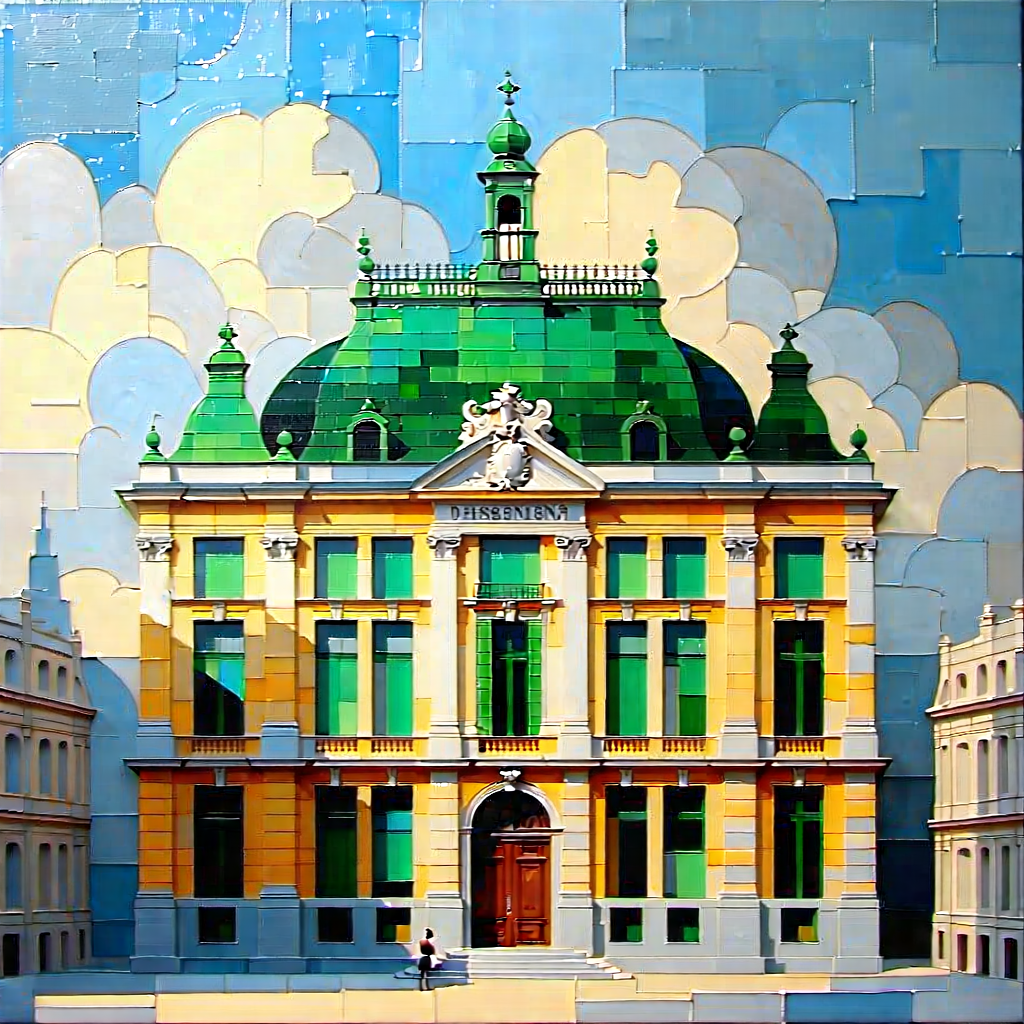 Urban Acrylic Painting: Historic building with green rooftop