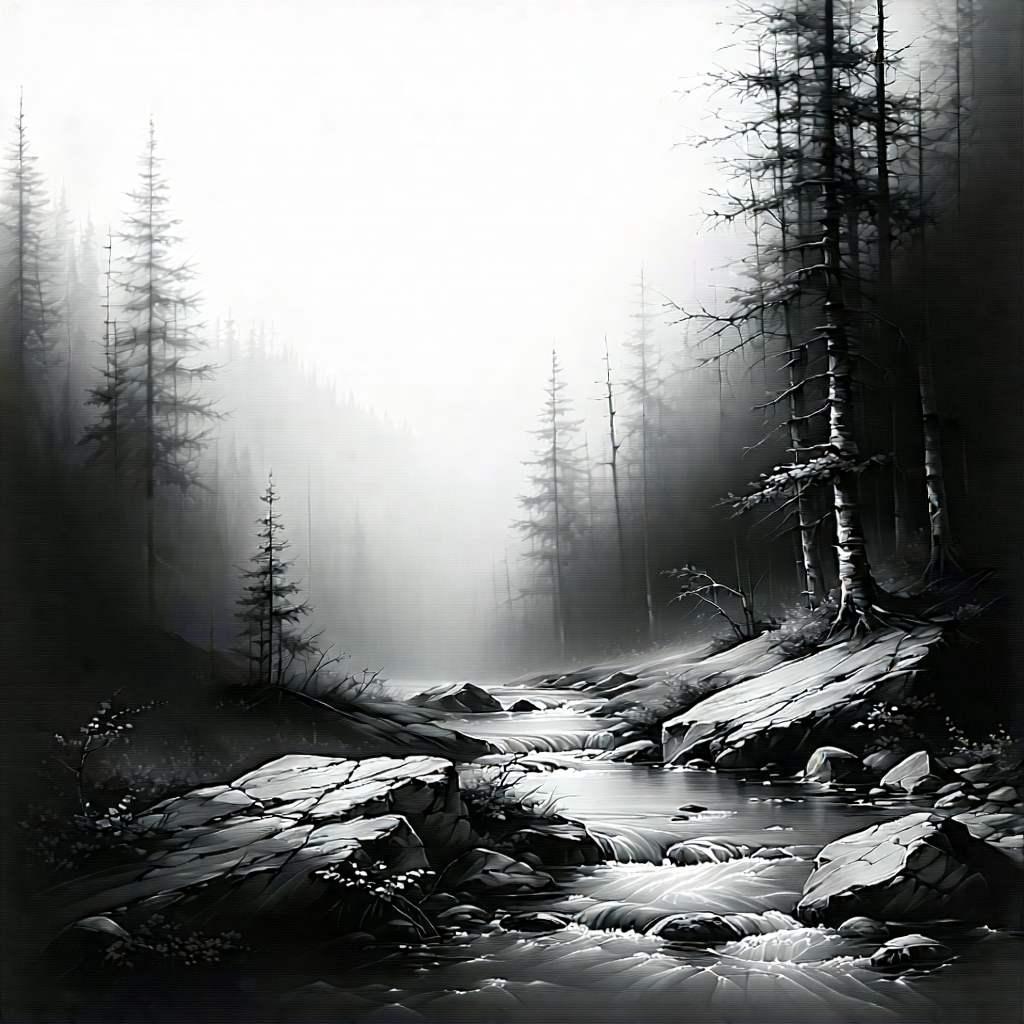 Lifestyle Charcoal Drawing: Autumn Hike During Summer With Black White
