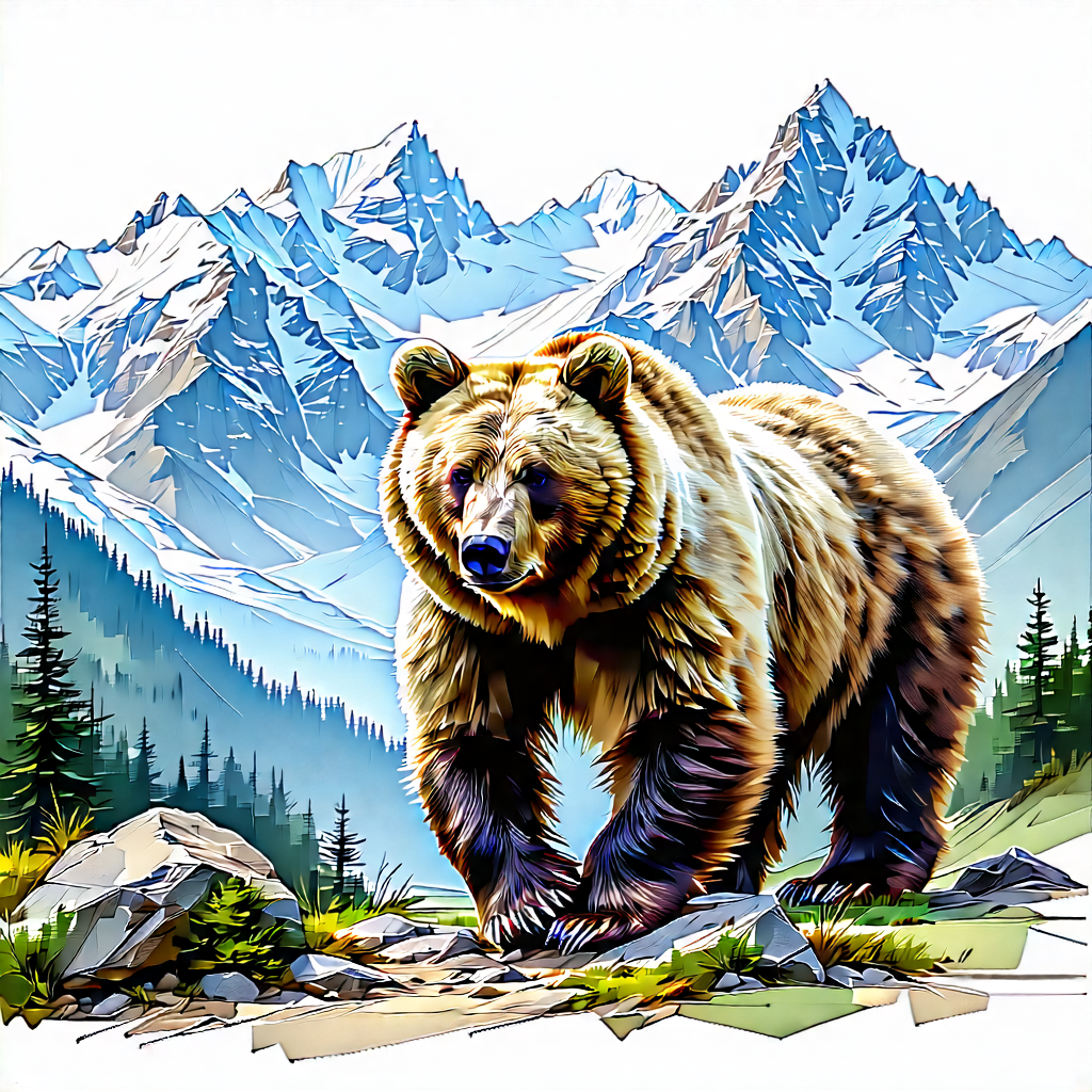 Nature Blueprint Style: Bear In Mountain Terrain With Large Brown
