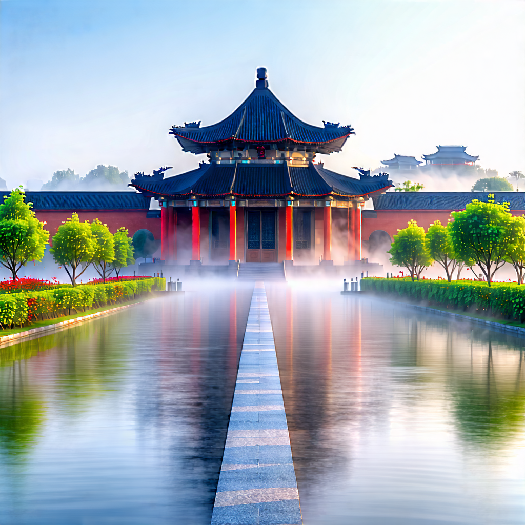 Urban Long Exposure Photography: Cultural Center With Morning Mist With Large, Ornate