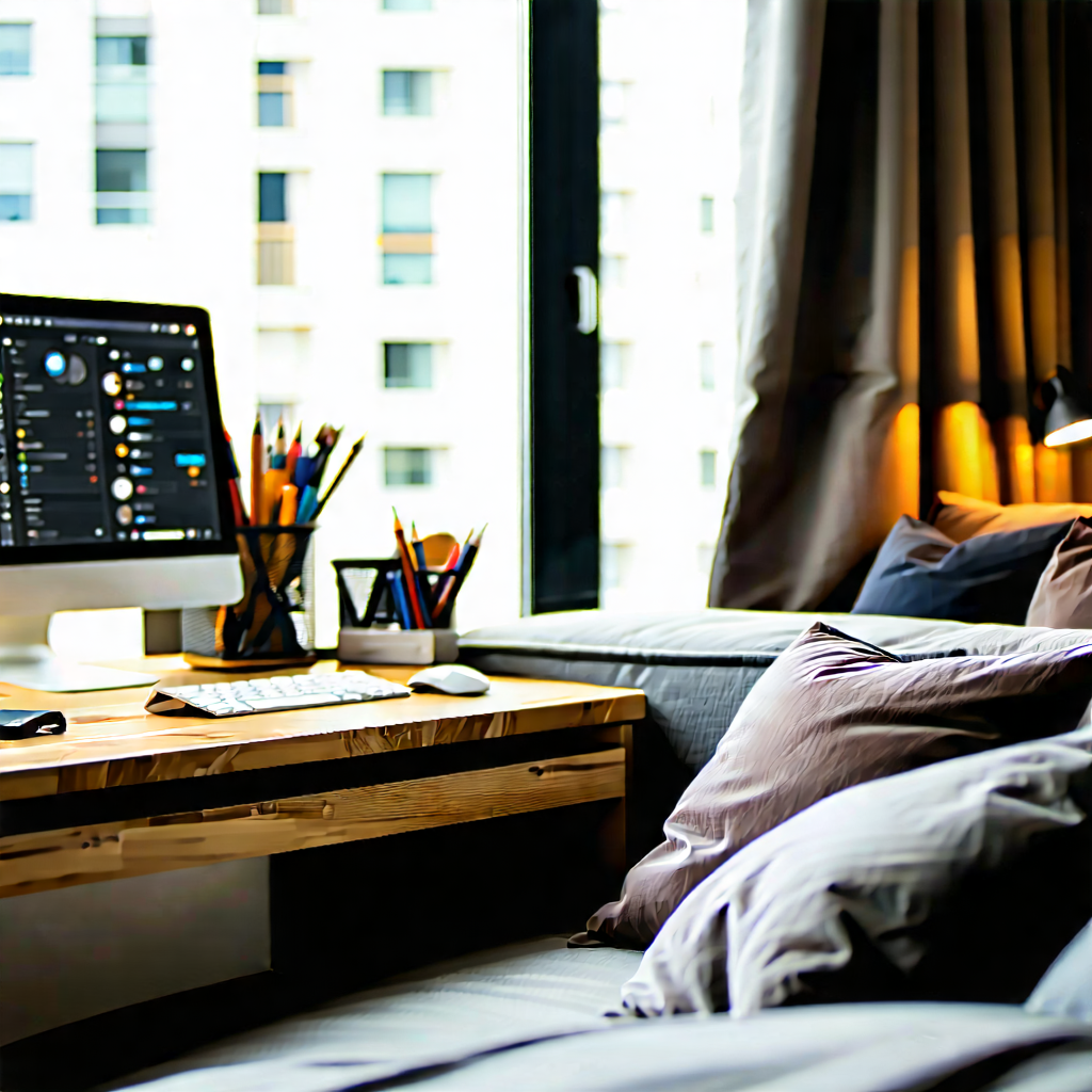 Lifestyle Long Exposure Photography: Home Office With Comfortable Textiles With Computer Desk