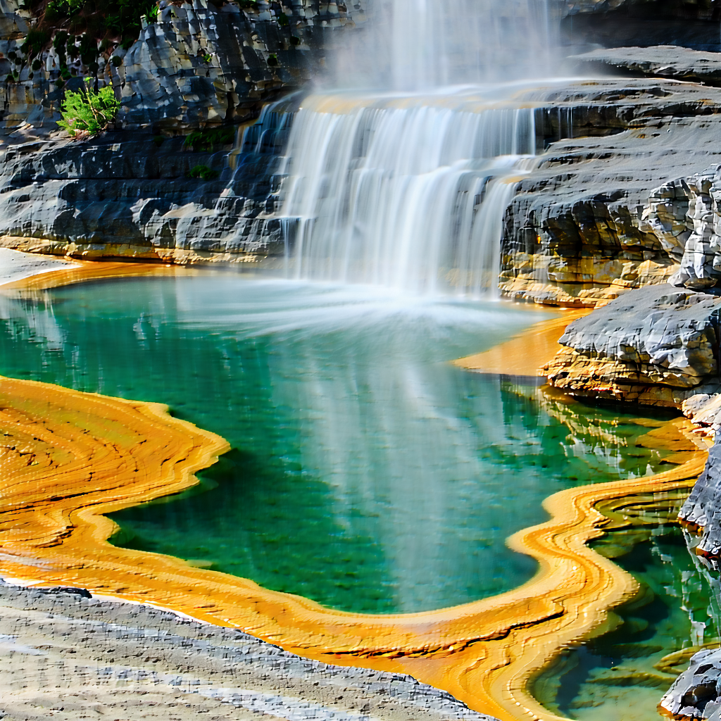 Nature Minimalist Design: Hot Spring Surrounded By Rocky Shores With Beautiful Waterfall