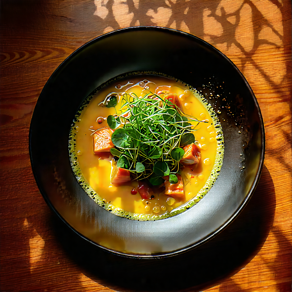 Lifestyle Long Exposure Photography: Plant-based Dish Prepared With Organic Components With Bowl Soup
