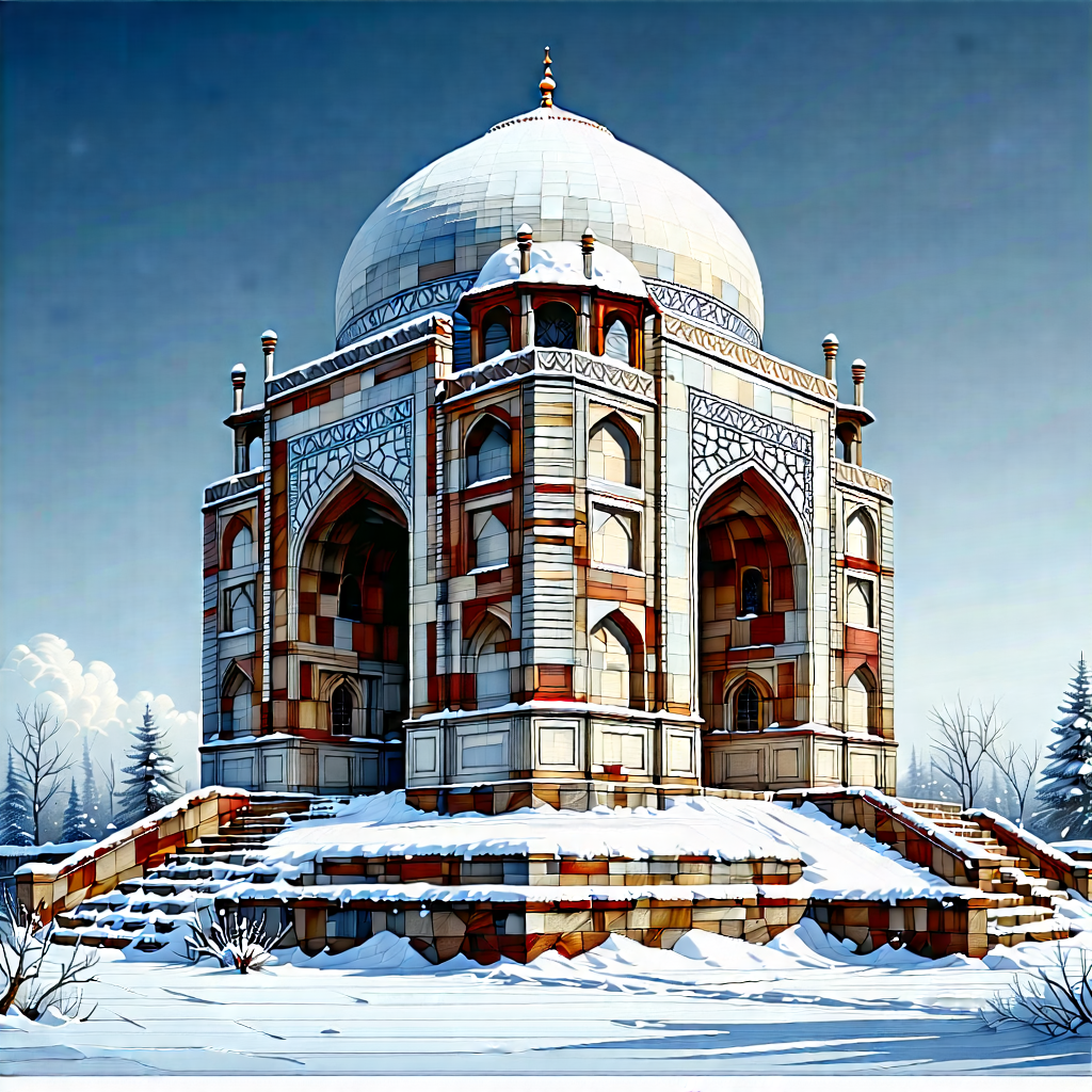 Urban Woodcut Print: Historic Monument With Snow Covering With Painting Large,