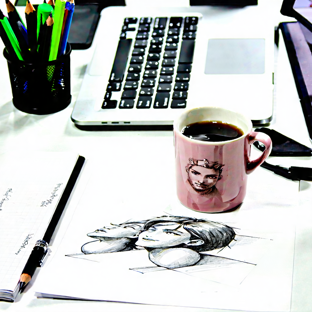 Business Pencil Sketch: Workplace With Laptop And Coffee On Desk With Desk Laptop