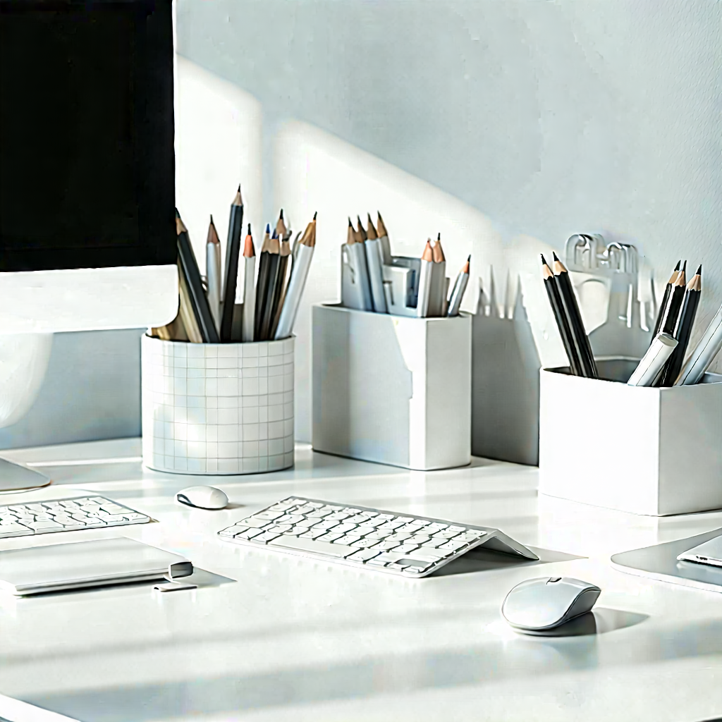 Business Geometric Design: Workplace With Modern Office Supplies On Desk With White Desk