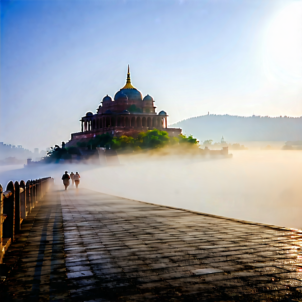 Urban Digital Illustration: Historic Monument With Morning (mist:1.4) With Couple Walking