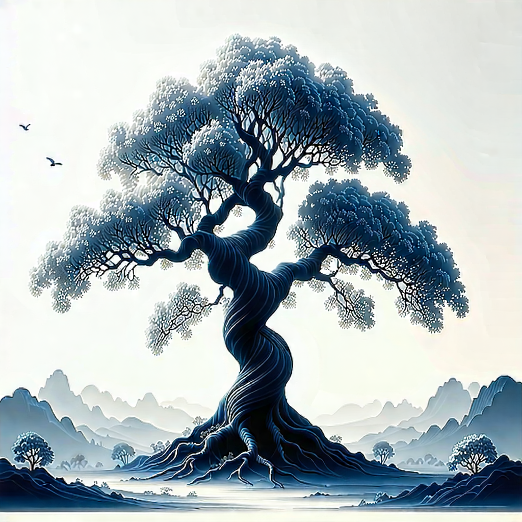 Nature Woodcut Print: (ancient:1.17) (tree:1.48) In Spring Bloom With Large Tree