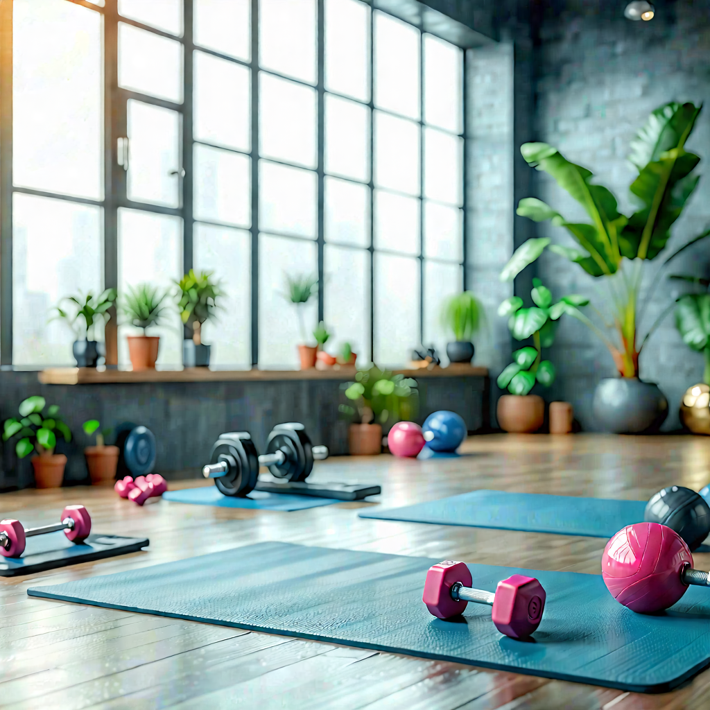 Lifestyle Product Photography: Wellness Scene With Fitness Equipment With Room Wooden