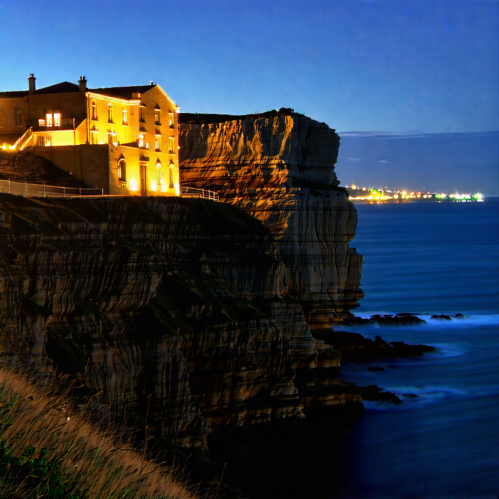 Nature Architectural Photography: Coastal Cliff During Night With Large, Building