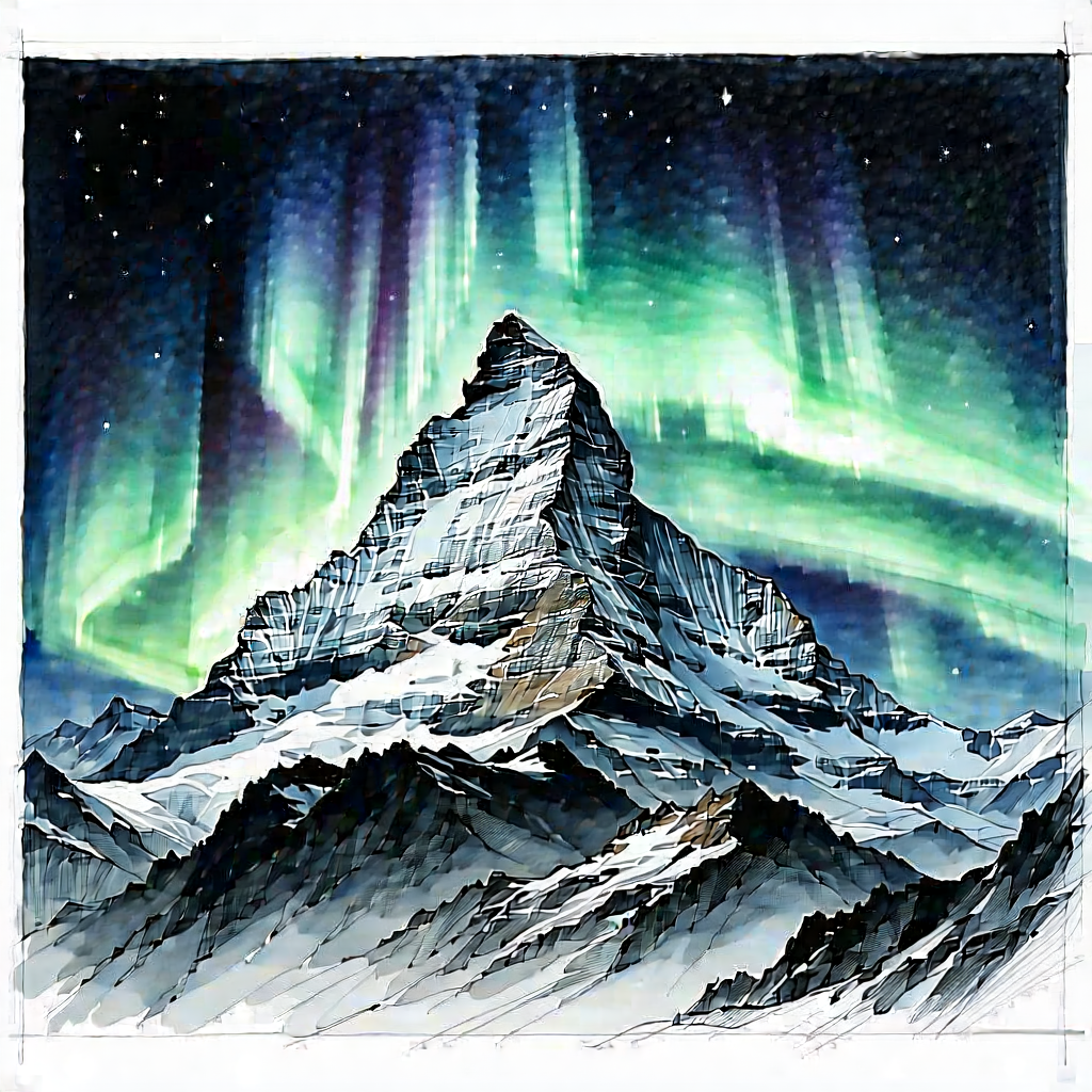 Nature Pencil Sketch: Northern Lights Over Mountain Peak With Majestic Mountain