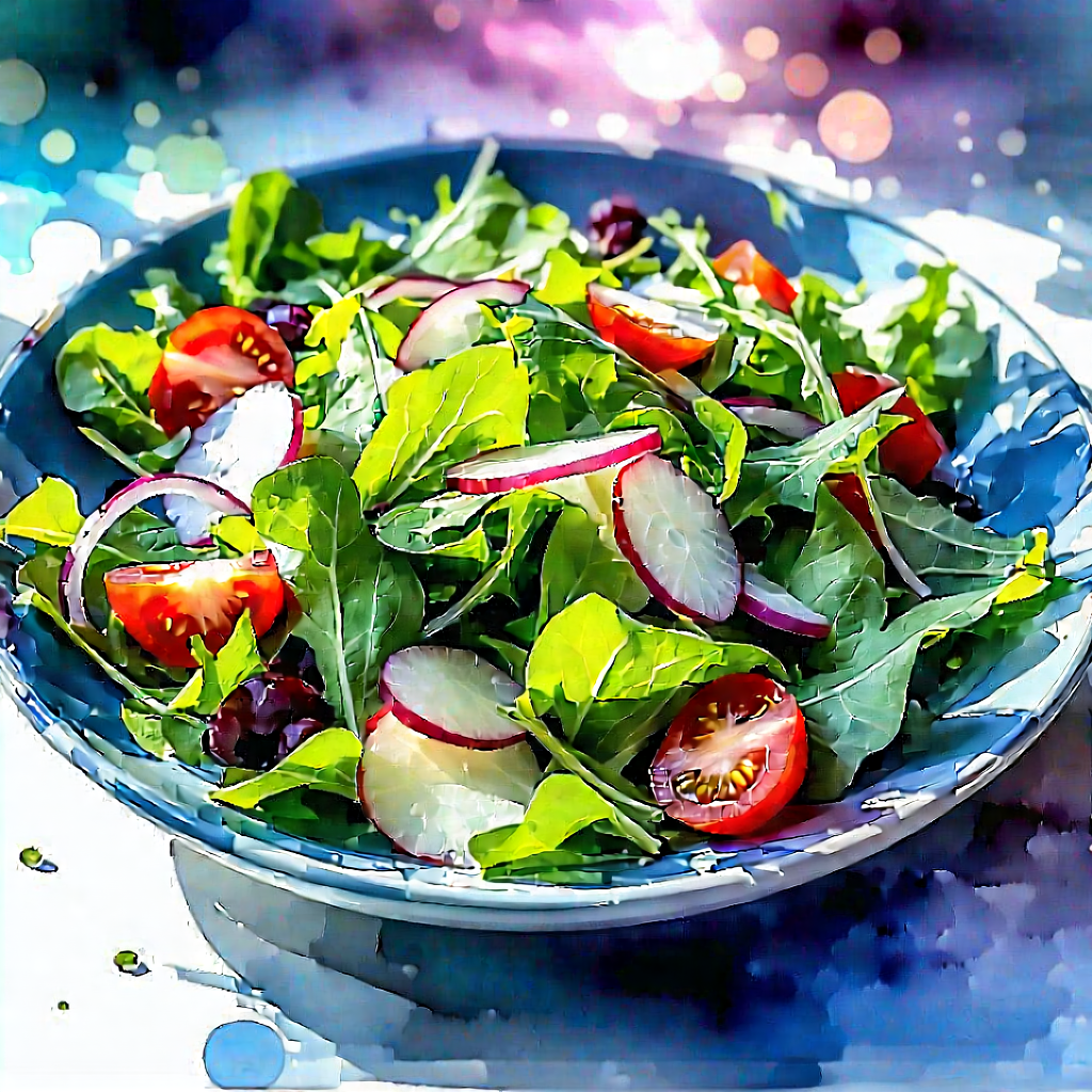 Lifestyle Watercolor Painting: Fresh Salad Prepared With Artistic Presentation With Large Bowl